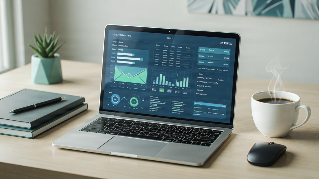 A professional workspace with a laptop showing email marketing analytics and a cup of coffee, in a clean and modern setting.